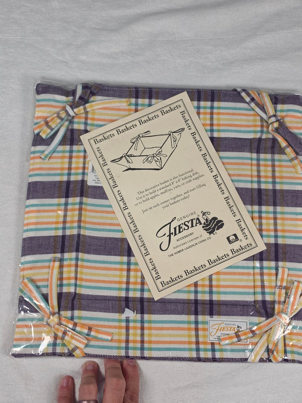 Fiesta Plum Plaid Fabric Bread Basket 8x8 Cotton NOS
